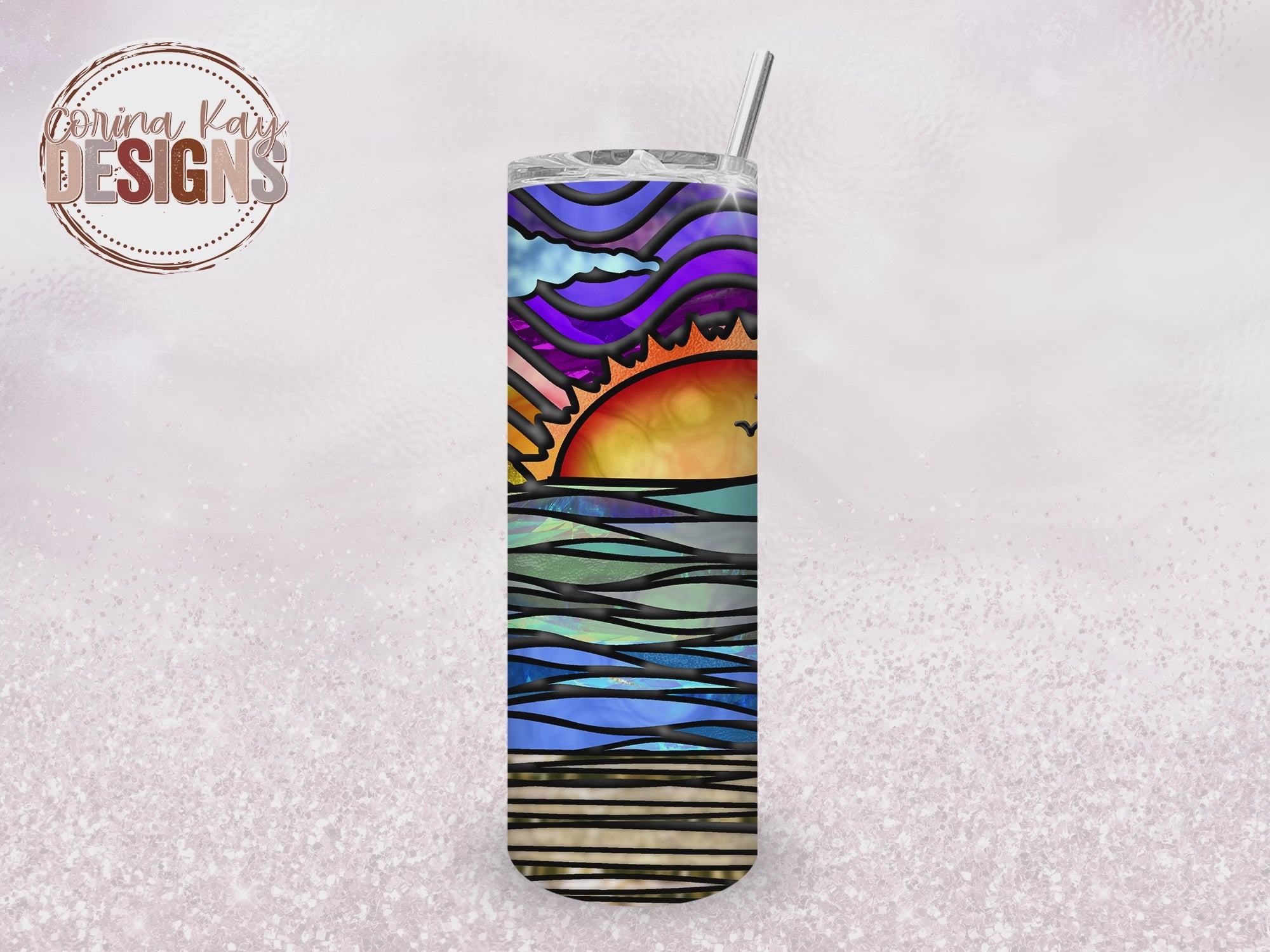 Beach Sunset in a Stained Glass Design 40 Ounce With Handle